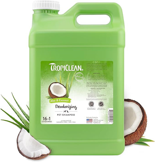 TropiClean Deodorizing Dog Shampoo for Smelly Dogs, Professional Dog Shampoo, Powerful Odor Control, Puppy Safe, Aloe & Coconut Scent, 2.5 Gallon