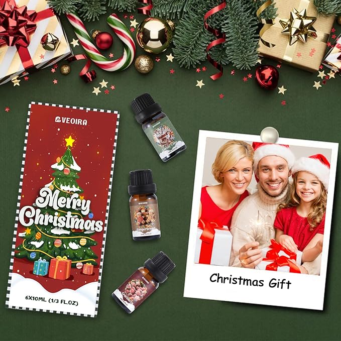 Christmas Essential Oils Gift Set, AVEOIRA Winter Fragrance Oil for Diffuser, Candle, Soap Making, Christmas Tree, Apple Cinnamon, Candy Cane, Gingerbread, Cranberry, Eggnog, Scented Oils, 6x10ml