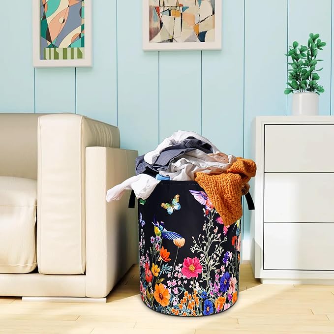 Hummingbird Flowers Laundry Basket Oxford Cloth Butterflies Laundry Hamper With Handle Foldable Portable Clothes Storage Basket 18.9 X 16.5 In Storage Bag For Laundry Room/Bathroom/Bedroom/Dormitories