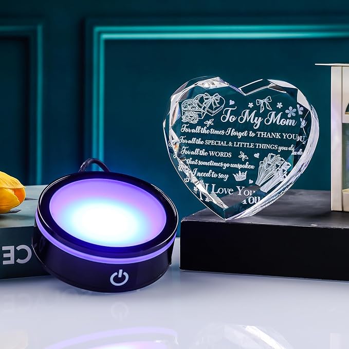 to My Mom Crystal Heart Gift with LED Base - A Mother's Love is Forever Laser Engraved Message, Meaningful Birthday Mother's Day Gift from Daughter Son, Thanksgiving Christmas Keepsake
