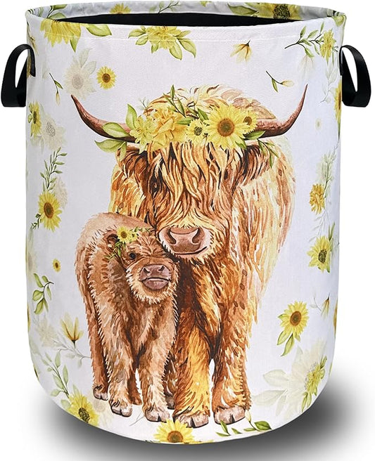 Highland Cow Laundry Hamper Sunflower Flowers Laundry Basket With Handles Foldable Oxford Cloth Colorful Tote Bag Clothes Toy Storage Bucket 8.9" x 16.5" For Bathroom/Laundry/Bedroom