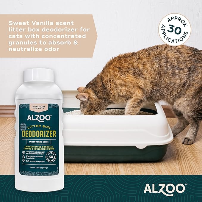 ALZOO Cat Litter Deodorizer, Concentrated Granules Absorb & Help Neutralize Odors, 100% Plant-Based Active Ingredients, Up to 30 Uses, Sweet Vanilla Scent, 26.6 Oz., Pack of 2