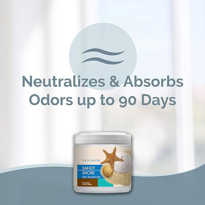 SMELLS BEGONE Air Freshener Odor Absorber Gel - 15 oz, Pack of 2 - Absorbs and Eliminates Odor in Pet Areas, Bathrooms, Cars, & Boats - Made with Essential Oils - Sandy Shore Scent