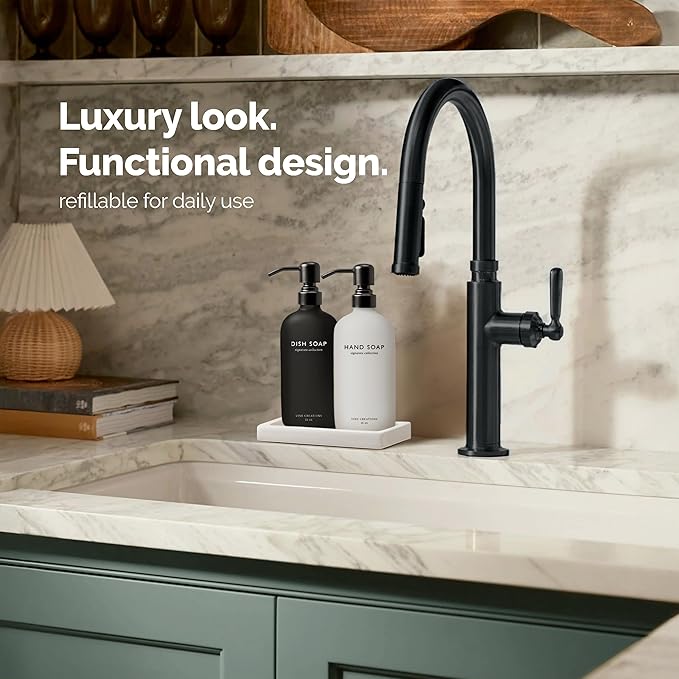 Vine Creations Glass Soap Dispenser Set, Kitchen Soap Dispenser Set with Ceramic Tray, 16 oz Dish Soap and Hand Soap Dispensers with Stainless Steel Pump Decor (White and Black Bottles/Matte Black)