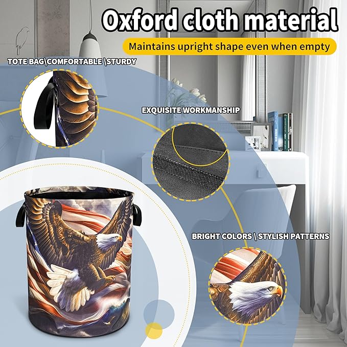 American Flag Bald Eagle Laundry Basket Foldable Oxford Cloth Funny Tote Bag Laundry Hamper Clothes Storage Bucket Toy Organizer For Bathroom/Laundry Storage/Bedroom 18.9x16.5 Inch