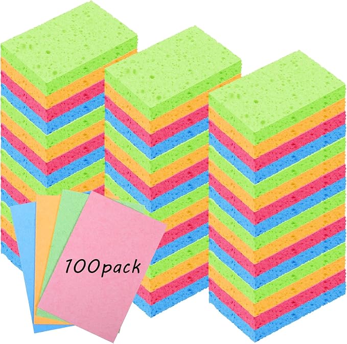 100pcs Kitchen Sponges Bulk Natural Sponges for Dishes Reusable Dish Sponge Scrub Compressed Wood Pulp Sponge Non-Scratch Cleaning Spongefor Kids DIY Kitchen Bathroom Household