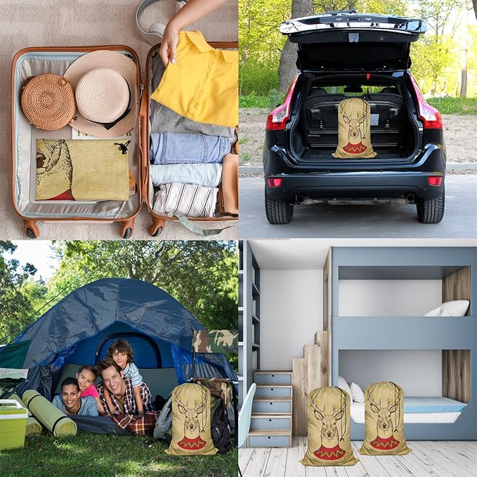 Swono Vintage Christmas Deer Drawstring Portable Large Capacity Laundry Bags Retro Merry Christmas Big Antler Yellow Bulb Travel Storage Bags for, Apartments, Vacations, College