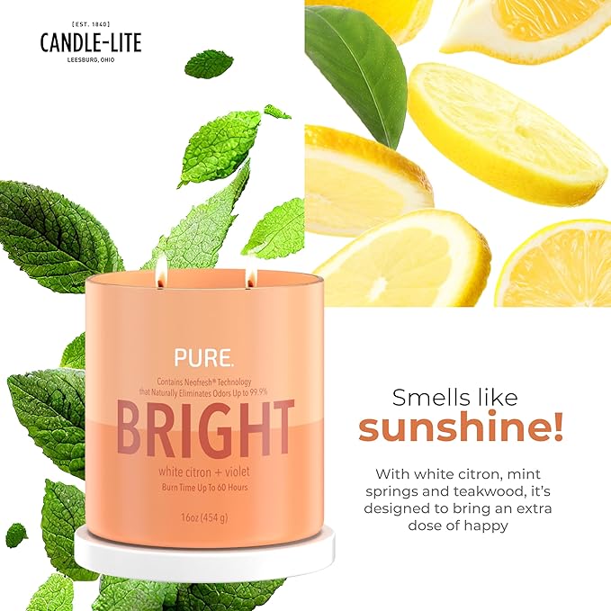 Candle-Lite Pure White Citron & Violet Odor Eliminating Scented Candles, Neofresh Technology Eliminates 99.9% of Odors, 16 oz 2-Wick Jar, Proudly Poured in The USA, Up to 60 Hours Burn Time