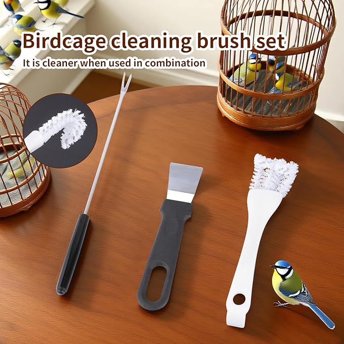 Bird Cage Cleaning Brush Tool Set, Bird Cage Cleaner Brush Kit, Bird Cage Cleaning Brush with Long Handle, Bird Cage Accessories,Poop Remover for Cleaning Poop in Pet Cages,Parrot Cages & Bird Perches