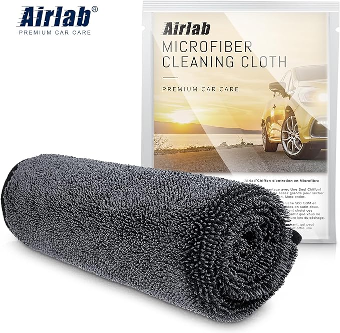 Airlab Microfiber Towels for Cars Wash Drying Super Absorbent Cleaning Cloth Auto Detailing Ultra Soft, Lint-Free, Streak-Free, 24 x 16 Inch, Pack of 2, Grey-Black, 600 GSM