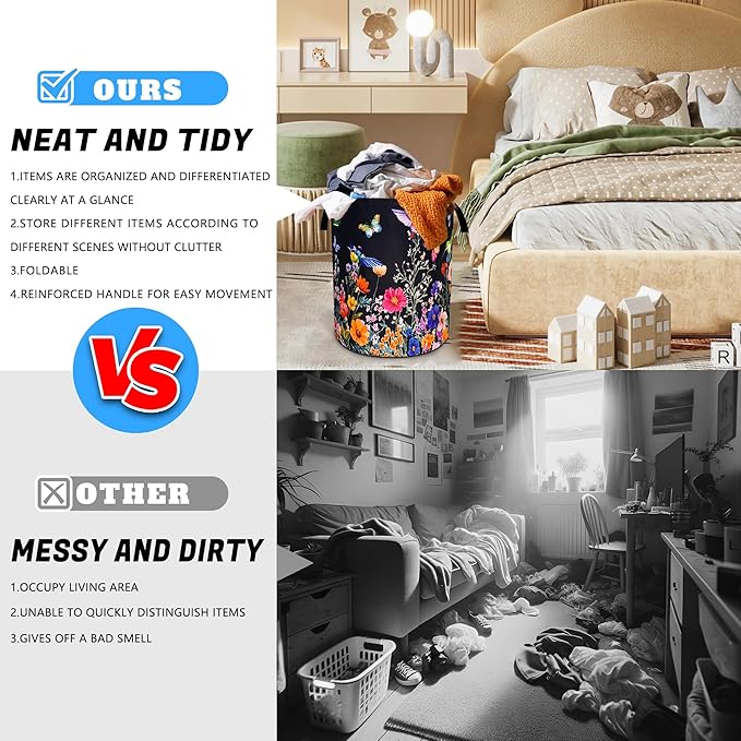 Hummingbird Flowers Laundry Basket Oxford Cloth Butterflies Laundry Hamper With Handle Foldable Portable Clothes Storage Basket 18.9 X 16.5 In Storage Bag For Laundry Room/Bathroom/Bedroom/Dormitories