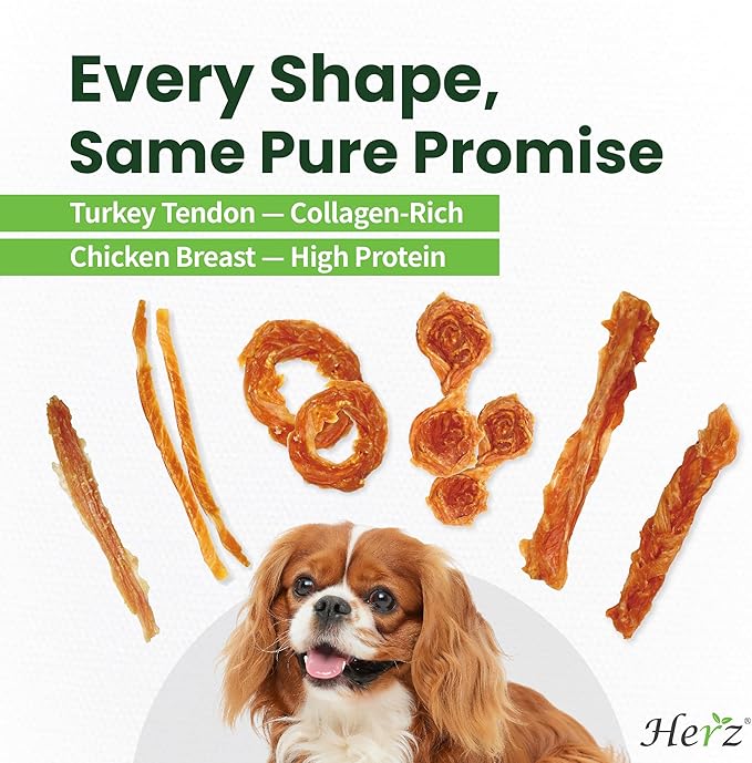 Herz Turkey Tendons for Dogs, Duo-Protein, Hypoallergenic Puppy Treats, USA-Sourced, Rawhide Free, Long Lasting Chews, Turkey Tendon & Chicken, Healthy Dog Treats for Small Dogs, Ring (S), 3 oz Pack