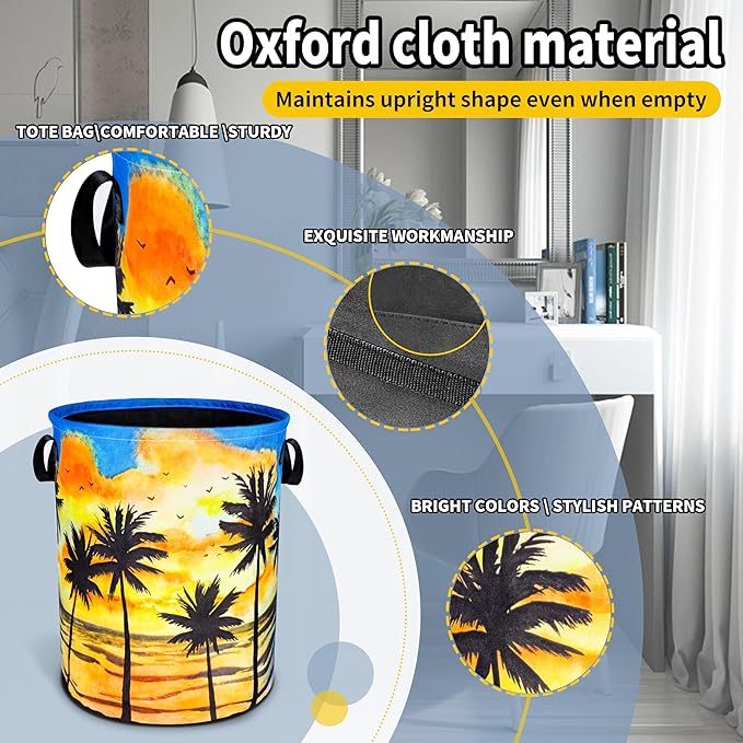 Hawaiian Beach Palm Trees Laundry Basket Sunset Foldable Oxford Cloth Funny Tote Bag Laundry Hamper Clothes Storage Bucket Toy Organizer For Bathroom/Laundry Storage/Bedroom 18.9x16.5 Inch