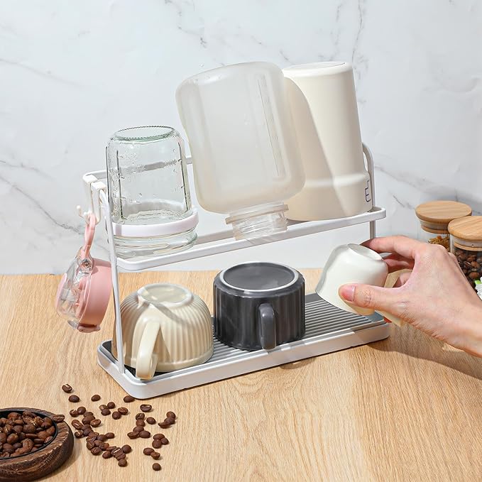 2 Pack Water Bottle Drying Rack with 2 Tier Holder – Space-Saving, Rust-Proof, Cup & Tumbler Organizer with Drain Tray & 2pcs Side Hooks for Kitchen Countertop (White, Carbon Steel)