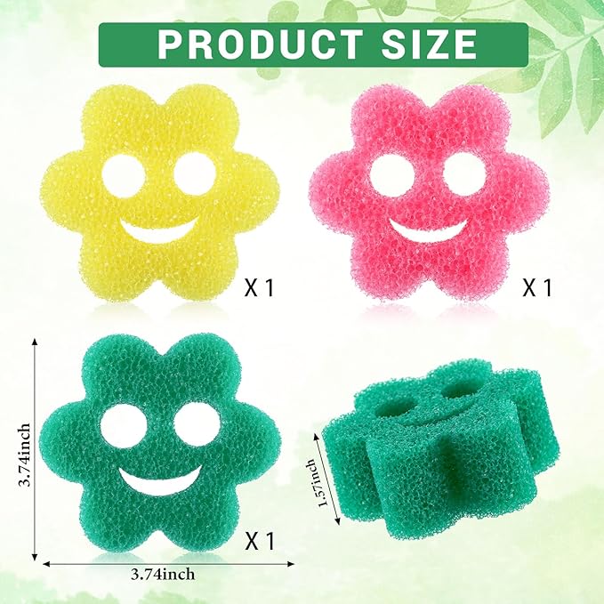 3 Pcs Dual Sided Scrub Sponge Multi Functional Cute Temperature Sensitive Non Scratch Dish Sponge for Washing Dishes Kitchen Bathroom(Smile Flower)