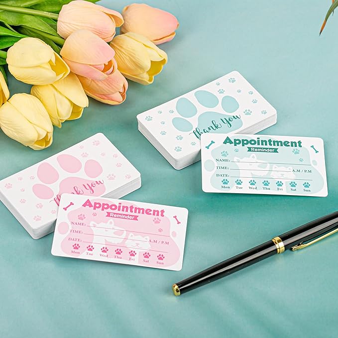 240Pcs Pet Grooming Appointment Reminder Cards Paw Prints Client Business Card for Vet Office Dog Spa Boarding Training Cats Care 3.54 x 2inch 2 Colors
