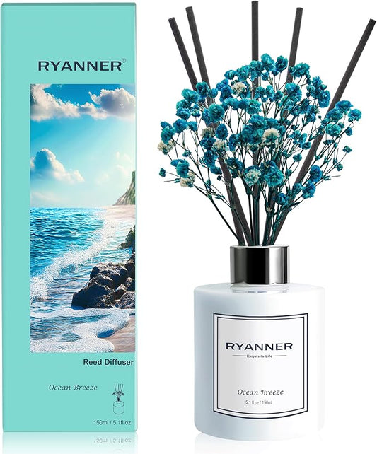 Reed Diffuser Set,5.1 fl oz Ocean Breeze Scent Diffuser with Sticks Home Fragrance Reed Diffuser with Essential Oil for Bathroom Shelf Decor&Air Freshener,Home Bathroom Office Decor & Gifts