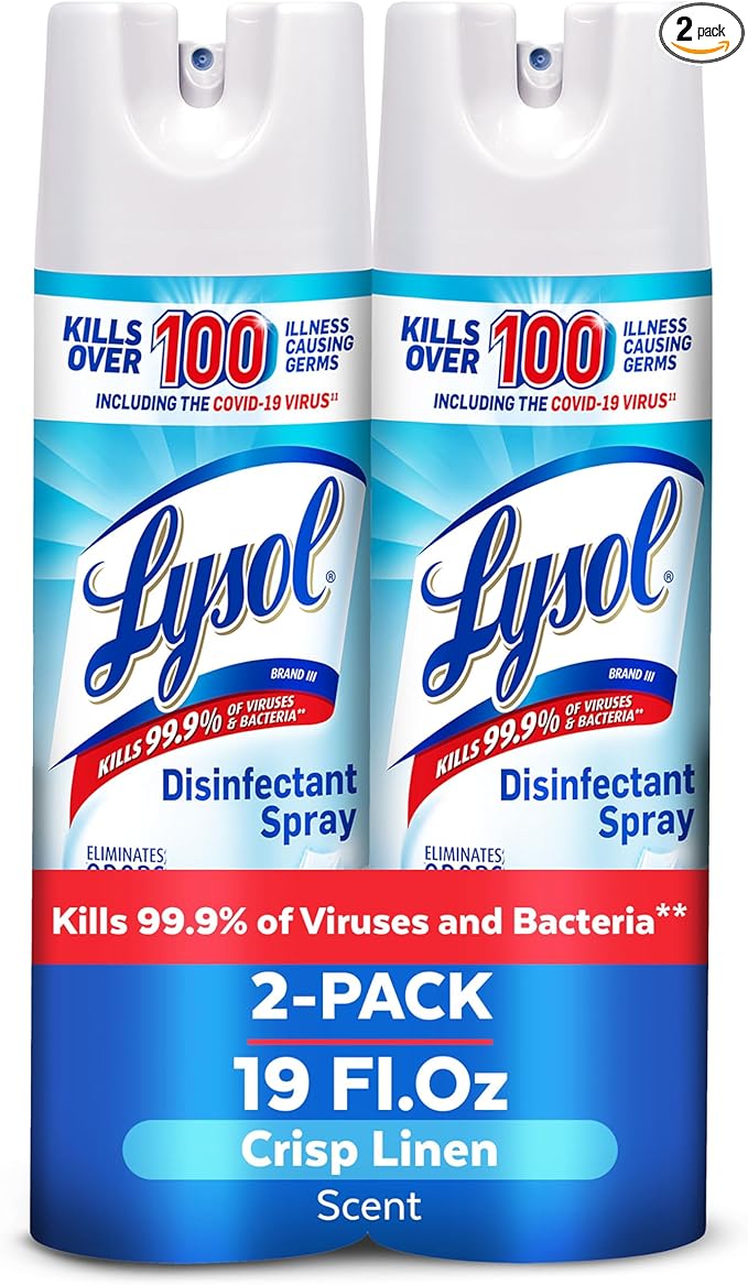 Lysol Disinfectant Spray, Household Essential Cleaning Supplies, Multi-Purpose Room Spray, Antibacterial Sanitizer Spray, Upholstery Deodorizer, Home and Bathroom, Crisp Linen,19 Fl Oz (Pack of 2)