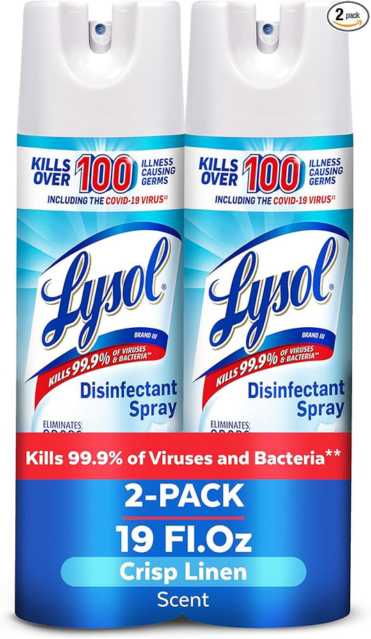 Lysol Disinfectant Spray, Household Essential Cleaning Supplies, Multi-Purpose Room Spray, Antibacterial Sanitizer Spray, Upholstery Deodorizer, Home and Bathroom, Crisp Linen,19 Fl Oz (Pack of 2)