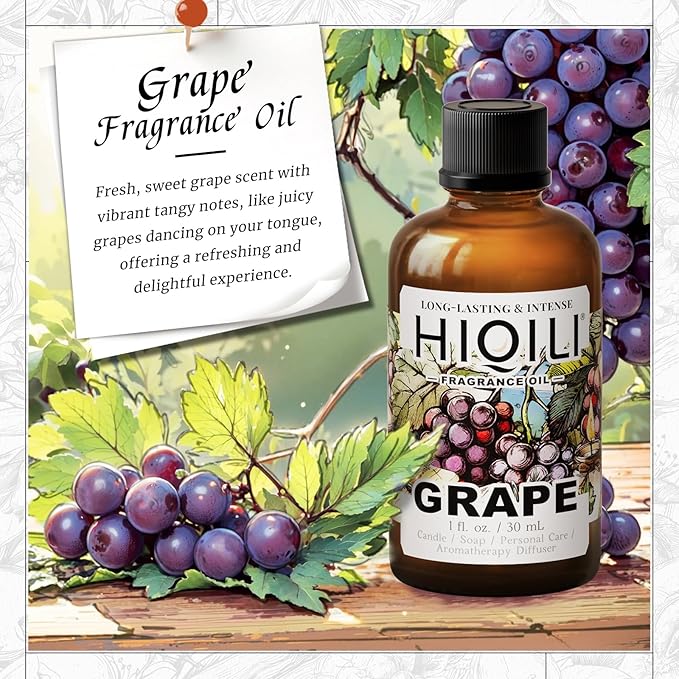 HIQILI Grape Fragrance Oil for Diffuser & Oil Burner, Fruity Scents for Making Candles, Hand Soap, Air Freshener, Long Lasting - 1 Fl Oz