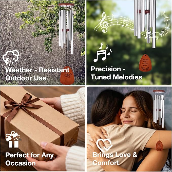 Inspirational Wind Chimes for Outside – Deep Tone Chimes with Wooden Sail | Outdoor Hanging Decor for Patio & Garden | Unique Designs, Healing Gift of Peace & Comfort (Silver, 32 Inch)