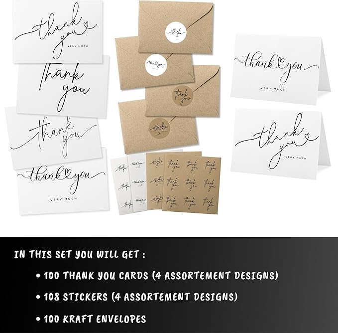 100 Bulk Thank You Cards with Kraft Envelopes and stickers - 4 Minimalistic Designs Blank Thank You Notes with Envelopes for business Wedding Bridal Gift Baby Shower Business Graduation