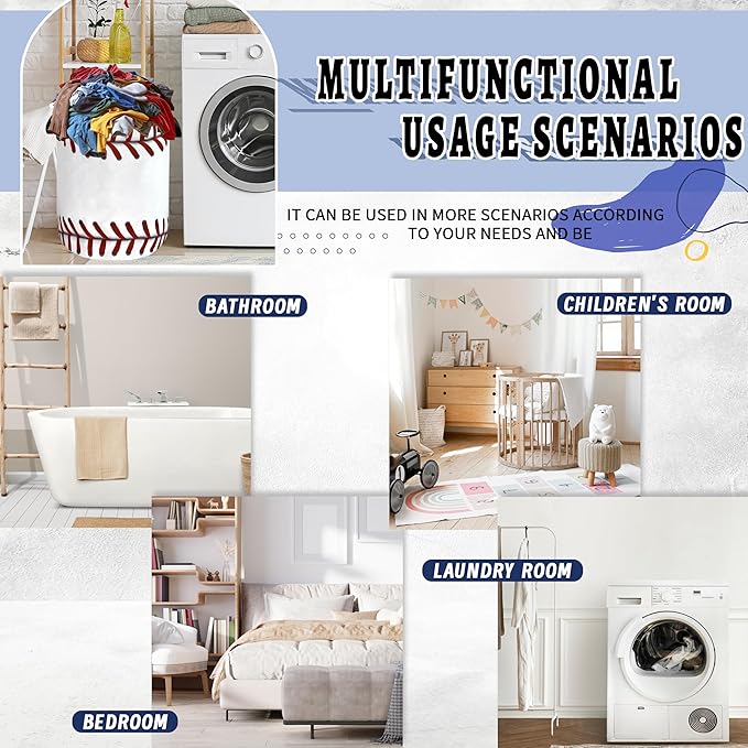 Baseball Texture Laundry Basket Foldable Funny Baseball Laundry Hamper With Handle Oxford Cloth Portable Clothes Storage Organizer Basket 18.9"x16.5" Laundry Bag For Laundry Room/Bedroom/Bathrooms