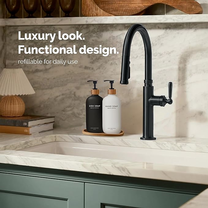 Vine Creations Glass Soap Dispenser Set, Hand Soap and Dish Soap Dispenser Set with Bamboo Tray, 16 oz Glass Dispensers Bottle for Kitchen and Bathroom Decor Modern Boho with Bamboo Pump (Black/White)