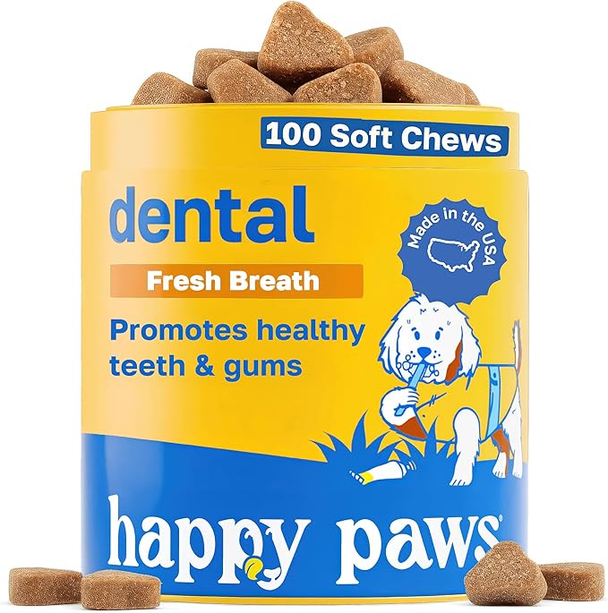 Happy Paws Dental Soft Chew, Dog Breath Freshener & Teeth Cleaning Treats, Oral Care Support for All Breeds, Sizes & Ages, Natural Spearmint Flavor, Organic & Non GMO (100 Chews)