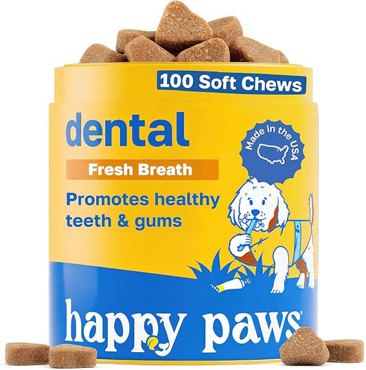 Happy Paws Dental Soft Chew, Dog Breath Freshener & Teeth Cleaning Treats, Oral Care Support for All Breeds, Sizes & Ages, Natural Spearmint Flavor, Organic & Non GMO (100 Chews)