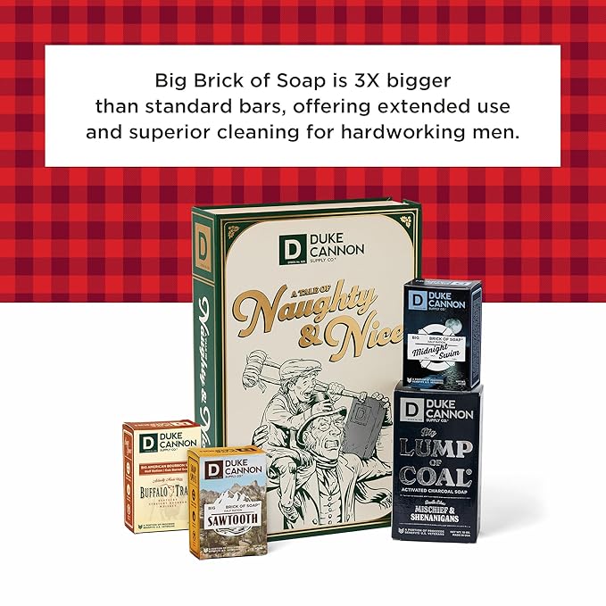 Duke Cannon Supply Co. Holiday Naughty & Nice Gift Set - Full Size Lump of Coal Soap & 3 Junior Soaps (American Bourbon, Sawtooth, Midnight Swim)