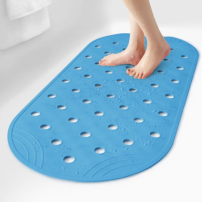 Rubber Bathtub Mat Shower Mat Non-Slip, 31x14 Inch, Bath Tub Floor Mat with Suction Cups and Drainage Holes, Blue