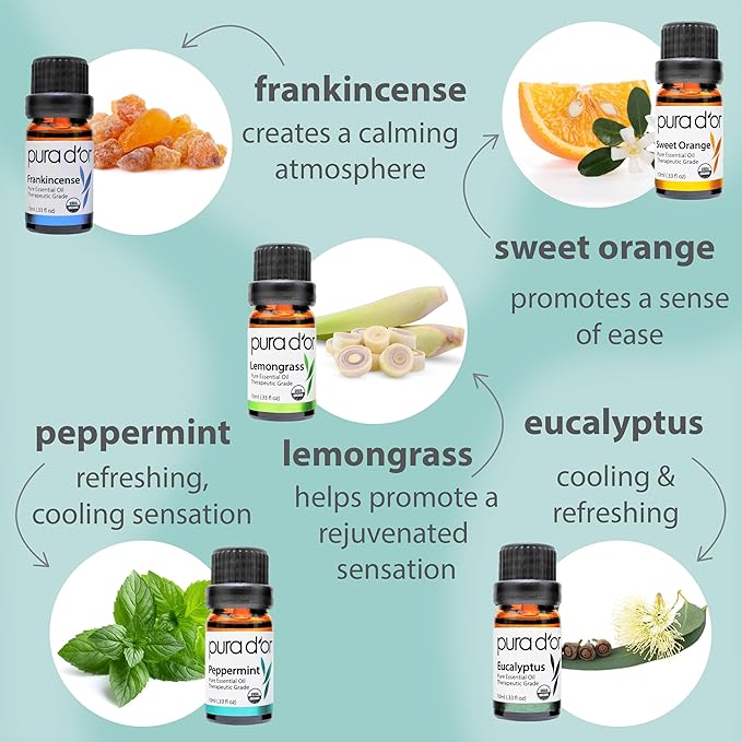 PURA D'OR Organic Perfect10 Essential Oils Set - 10x 10mL Wood Box Aromatherapy Gift Set - 100% Pure Therapeutic Grade for Relaxation and Wellness (Lavender, Peppermint, Eucalyptus, Tea Tree & More)