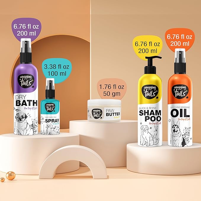 Wagging Tails 5 in 1 Grooming Kit for Pets | Shampoo 6.76 fl oz + Dry Bath 6.76 fl oz + Massage Oil 6.76 fl oz + Paw Butter 1.76 fl oz + Paw Spray 3.38 fl oz | Natural Ingredients| Ideal Gift for Pets