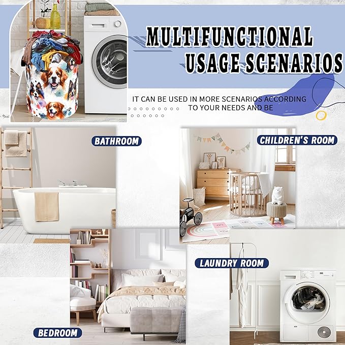 Watercolor Dogs Print Laundry Hamper Oxford Cloth Animals Paws Funny Dogs Laundry Basket With Handle Portable Clothes Storage Basket Foldable Laundry Bag 18.9"x16.5" For Laundry Room/Bedroom/Bathroom