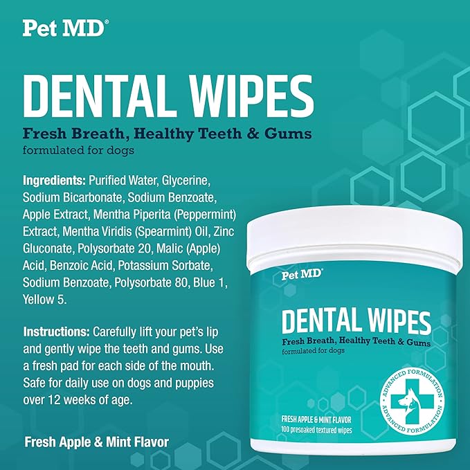 Pet MD Dog Breath Freshener Dental Wipes for Dogs - Tartar and Plaque Remover for Teeth Cleaning - Fresh Apple & Mint Scent Bad Breath Treatment for Dogs - 100 Count