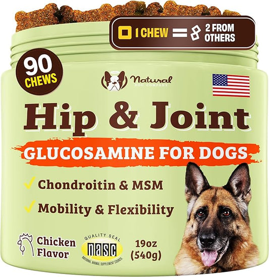 Natural Dog Company Hip & Joint Supplement for Dogs – Supports Mobility, Flexibility & Comfort, Glucosamine, Chondroitin, MSM & Turmeric, Chicken Flavor, 90 Count