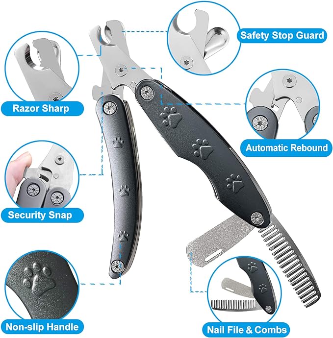 2025 Quiet Design Nail Clippers for Anxiety Sensitive Dogs, Sharp Blade Cut Through Thick Nail Smoothly, 3 in 1 Compact Build-in Nail File & Comb, Heavy Duty Manual Professional Dog Nail Clipper
