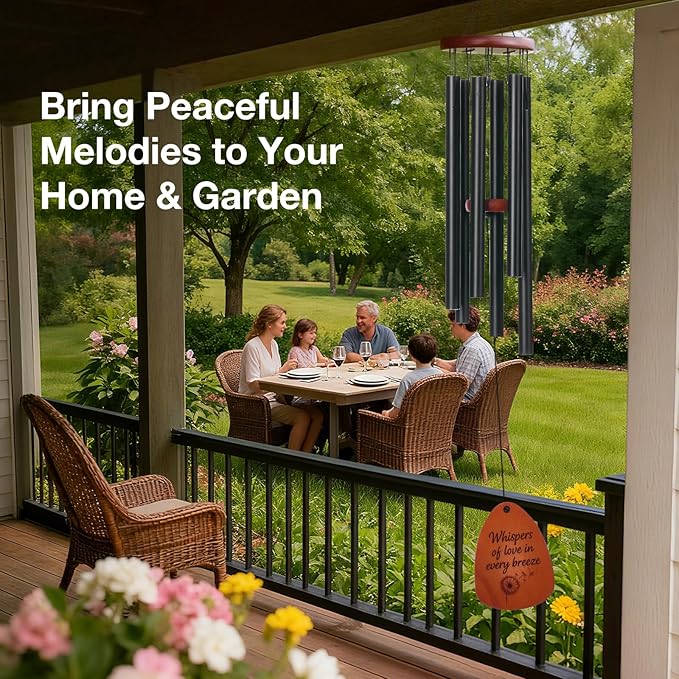 Inspirational Wind Chimes for Outside – Deep Tone Chimes with Wooden Sail | Outdoor Hanging Decor for Patio & Garden | Unique Designs, Healing Gift of Peace & Comfort (Black, 37 Inch)