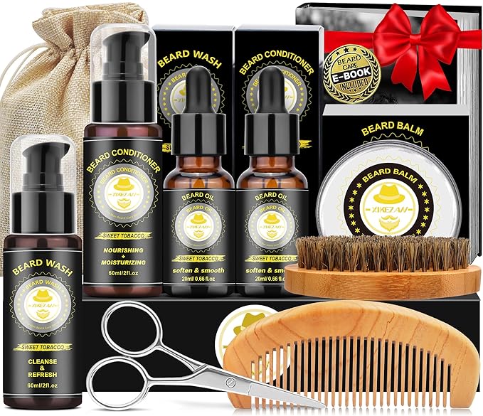 XIKEZAN Beard Kit for Mens Care & Grooming Sets w/Wash Shampoo, Oil, Conditioner, Balm, Wash, Scissors,Brush and Comb Set, Stocking Stuffers for Men,Anniversary Valentines Fathers Gifts for Dad Him