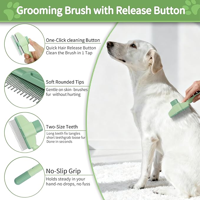 5-Piece Flea Comb Set - Dog Brush, Cat Brush, Flea Comb for Cats, Dog Brush for Shedding, W/Dematting Comb/Scissors, 2-in-1 Massage, Ergonomic Grip, Fit All Pet Breeds & Fur Types