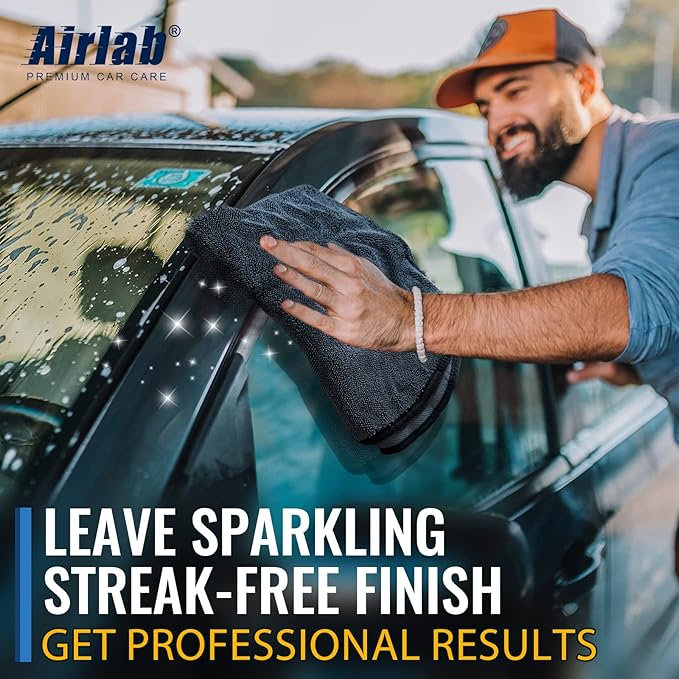 Airlab Microfiber Towels for Cars Wash Drying Super Absorbent Cleaning Cloth Auto Detailing Ultra Soft, Lint-Free, Streak-Free, 24 x 16 Inch, Pack of 2, Grey-Black, 600 GSM