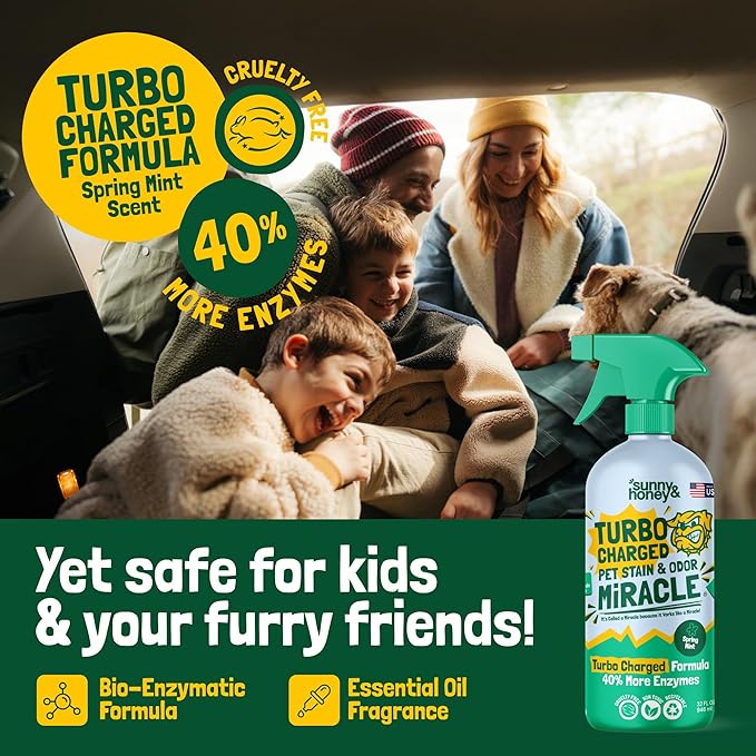 Sunny & Honey Pet Stain & Odor Miracle - Turbo Charged, 32 Fl Oz, Spring Mint - Carpet Shampooer Enzyme Cleaner Spray - Pet Urine & Odor Eliminator Spray - Stain Remover & Carpet Cleaning Solution