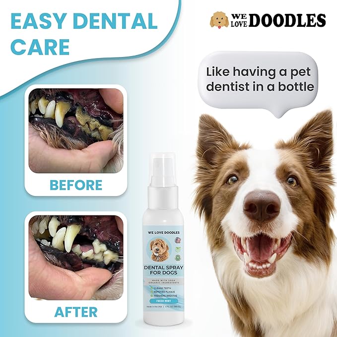 We Love Doodles 100pcs Dog Teeth Cleaning Wipes & Dog Dental Spray Bundle - Pet Dental Finger Wipes for Dogs, Natural Oral Care Dog for Healthy Teeth & Gums, Freshens Breath Spray