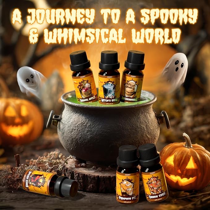 SALUBRITO Halloween Fragrance Oils Set, Funny Essential Oils Gift Set for Diffuser, Candle, Soap Making Scents, Pumpkin Pie, Spiced Cider, Caramel Apples, Candy Corn, Snickerdoodle, Witch's Brew