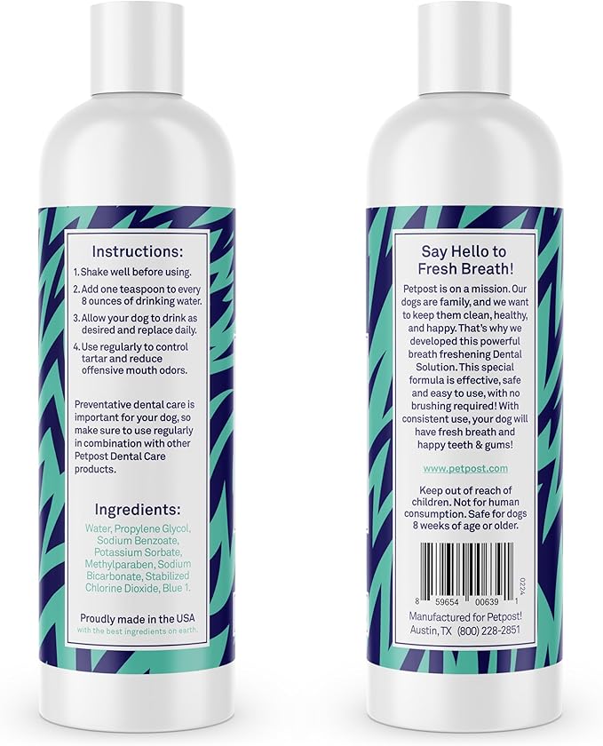 Petpost | Dental Solution for Dogs - Water Additive That Eliminates Bad Breath - Dirt, Gunk, and Tooth Buildup Gone - Natural Tooth Cleaning Solution 16 oz.