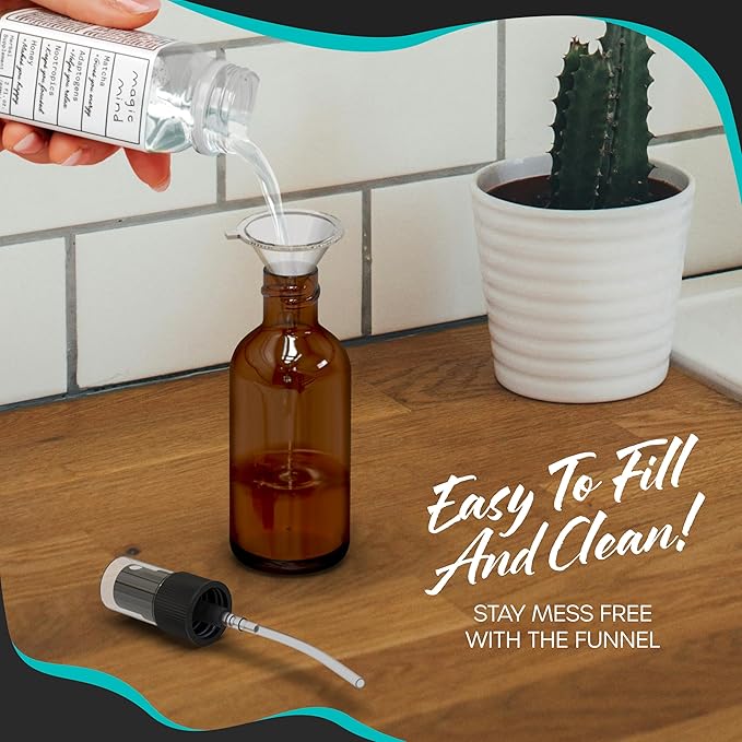 Nevlers 3 Pack Amber Glass Spray Bottles 2 Oz Set | Amber Spray Bottles with Shrink Wrap and Funnel | Leakproof Mister Bottle for Hair, Body, Fragrance, Hand Sanitizer & More