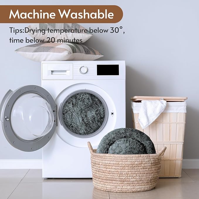 JOLLYVOGUE Small Dog & Cat Beds for Indoor Cats, Donut Cuddler Warming Soft Dog Beds with Anti-Slip Bottom, Round Calming Fluffy Plush Faux Fur Cushion Bed for Small Dogs (23")