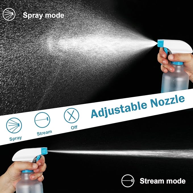 Plastic Spray Bottles 12oz 2 Pack Adjustable Mist/Stream Spraying Heavy Duty Square Water Spray Bottles for Hair, Cleaning Solutions, Plants, Essential Oils (Blue)