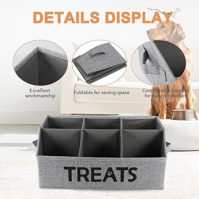 2pack Dog Storage Organizer,Trapezoid Dog Toy Basket,Dog Treat Container with handle,Collapsible Fabric Storage Box for Dog Toys and Dog Treats,Dog Treat Station with removable dividers-Grey
